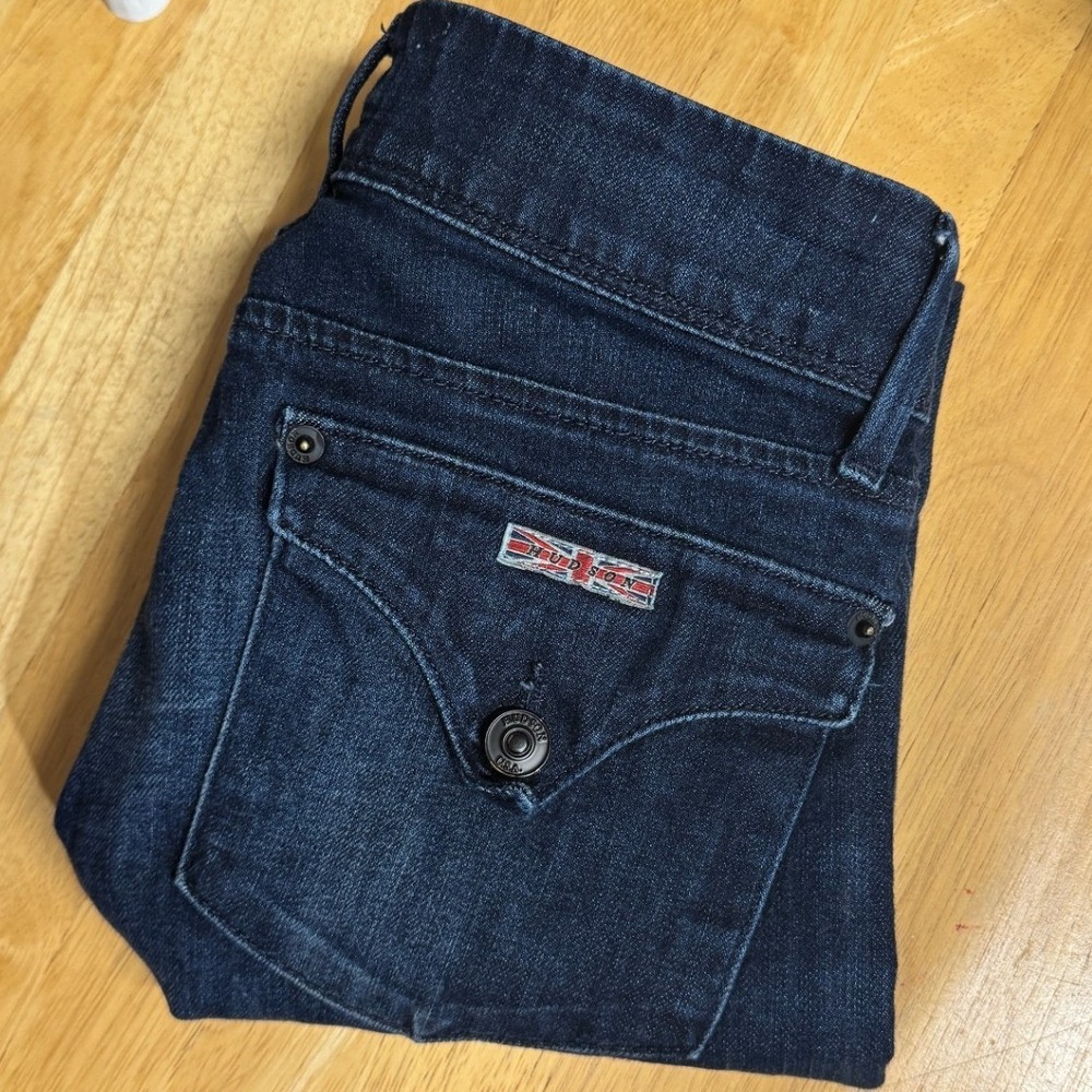 Hudson Jeans Nico Mid Rise Skinny 24 Barn Dark Wash Flap Pocket Low Rise Stretch